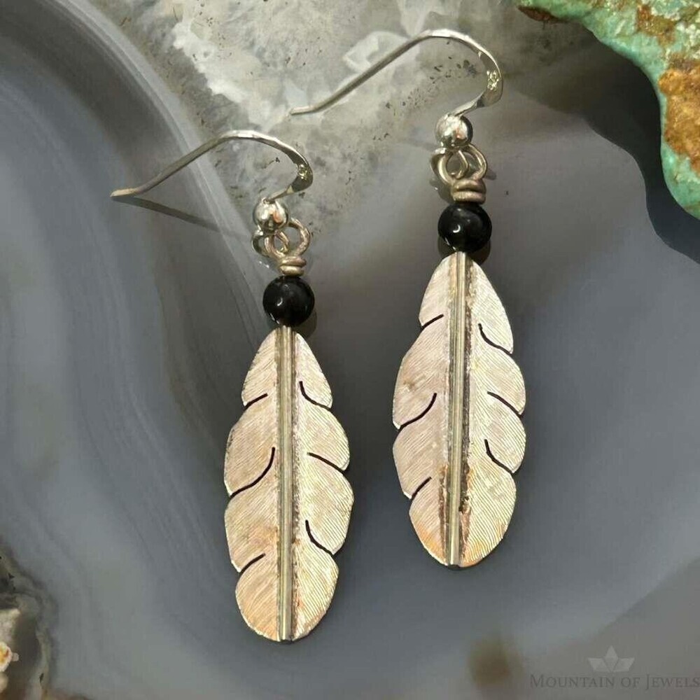 Anthony Gatewood Sterling Silver & Onyx Bead Feather Dangle Earrings For Women
